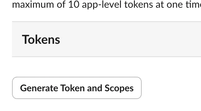 Slack App-Level Tokens area focused on Generate Token and Scopes