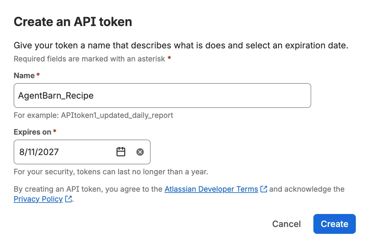 Atlassian Create an API token dialog