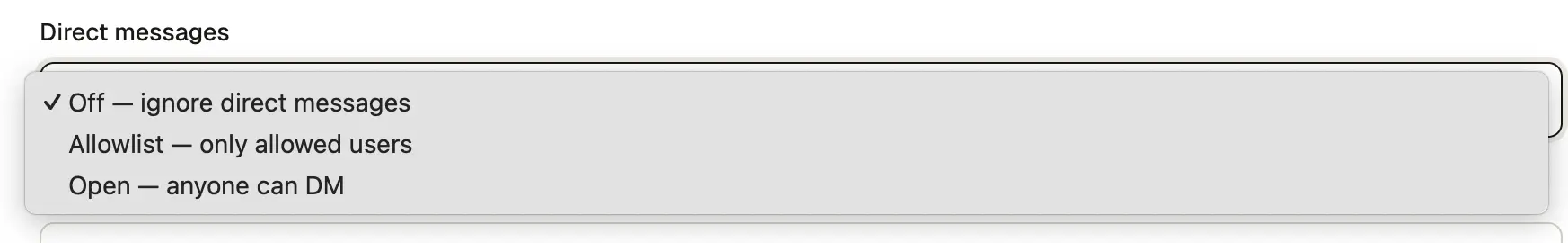 Direct message options: Off, Allowlist, and Open
