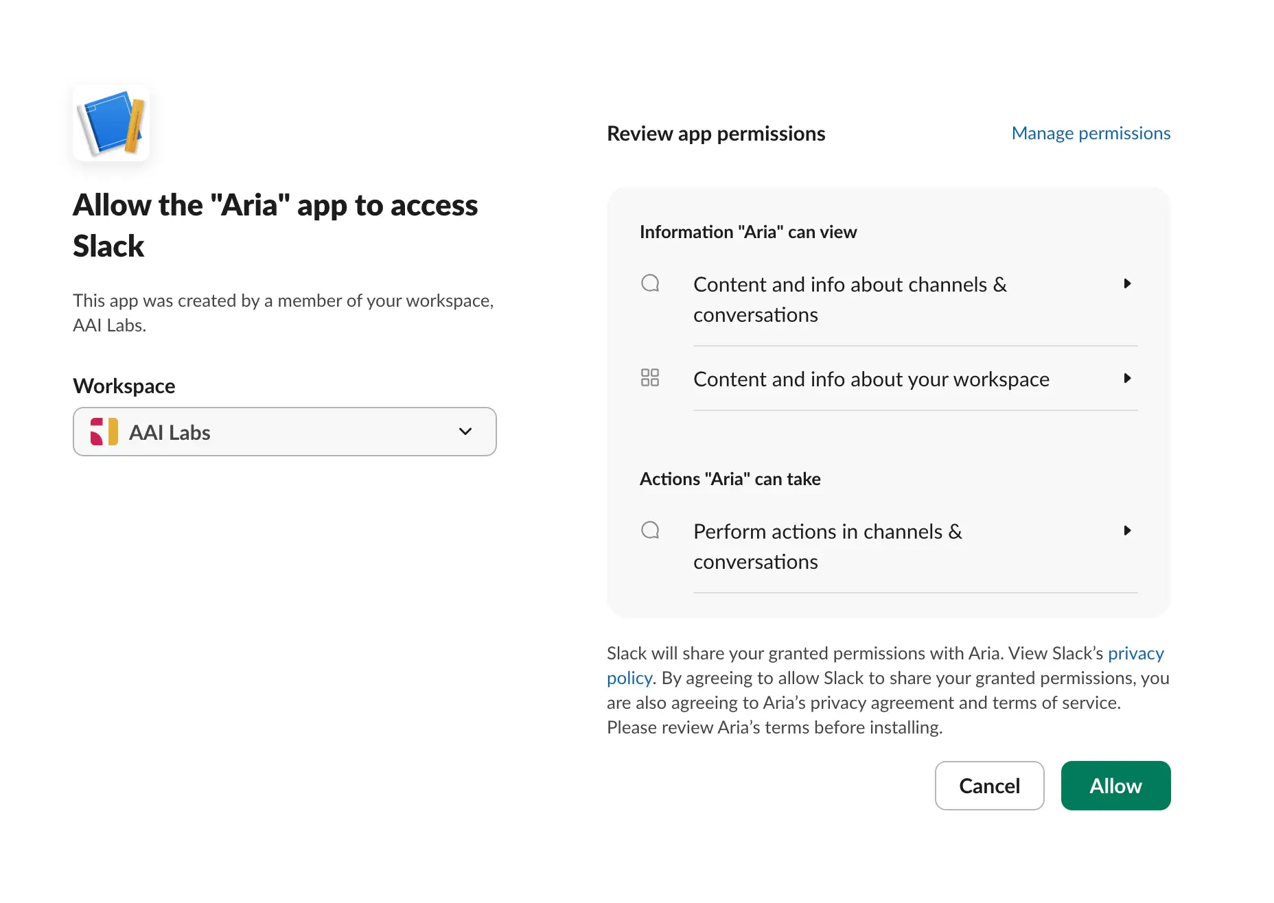 Slack app permission review with workspace selection and Allow button