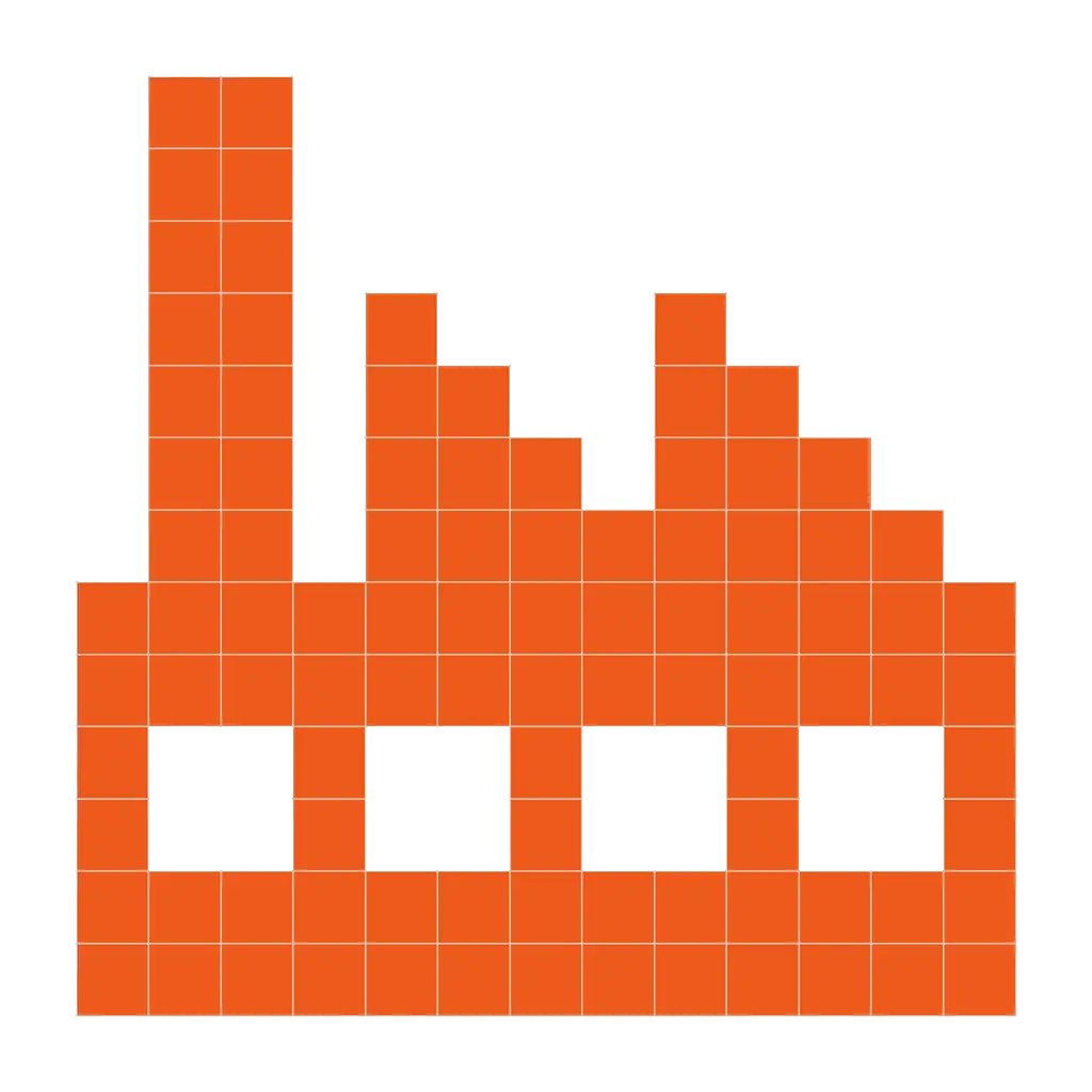 Pixel-art factory representing manufacturing operations