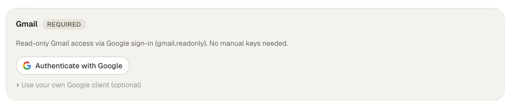 Gmail OAuth card with Authenticate with Google