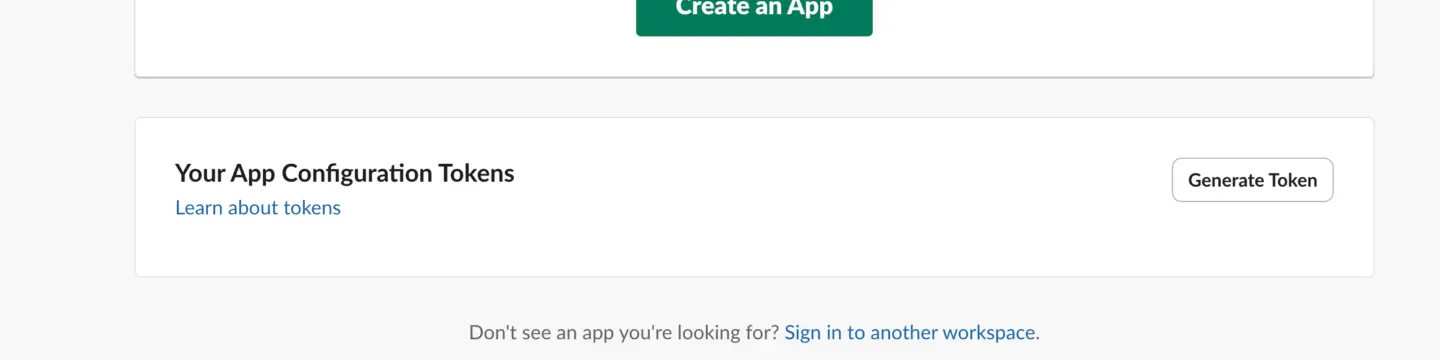 Focused crop of the Slack App Configuration Tokens panel